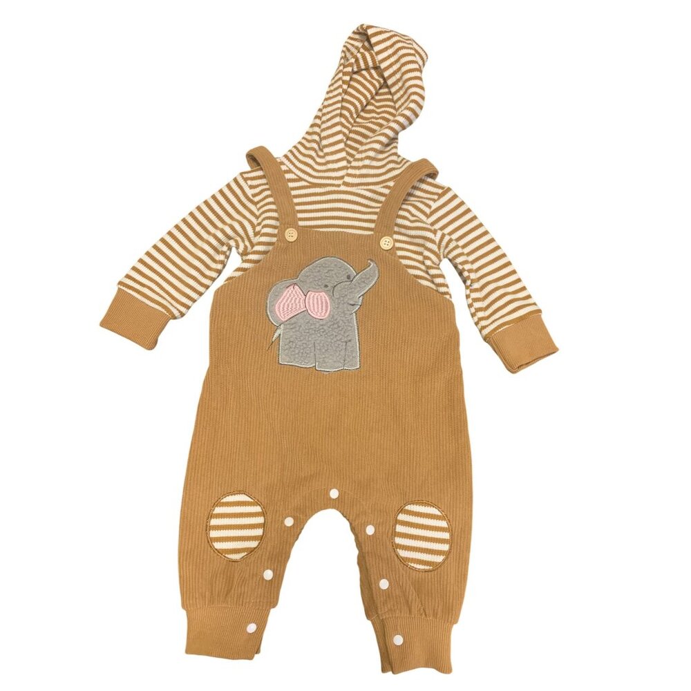 3-6M Hooded Baby Overall Bodysuit Elephant Applique Design Stripes Cotton